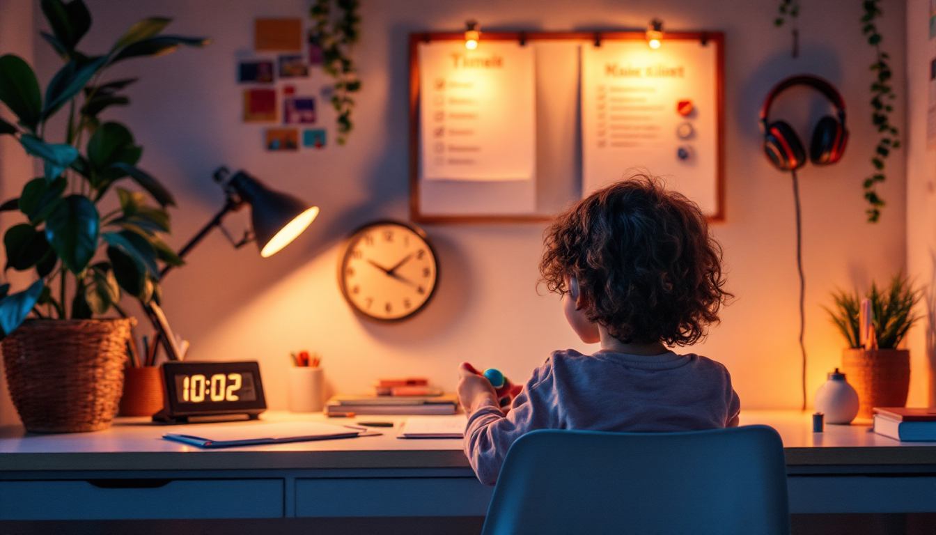 A young child with curly hair sits at a well-organized desk, looking at a digital clock showing 10:02. The desk is illuminated by a desk lamp, and the room features a warm, cozy ambiance with decorative plants, a task schedule, and noise-canceling headphones hanging nearby, suggesting a focused study environment.