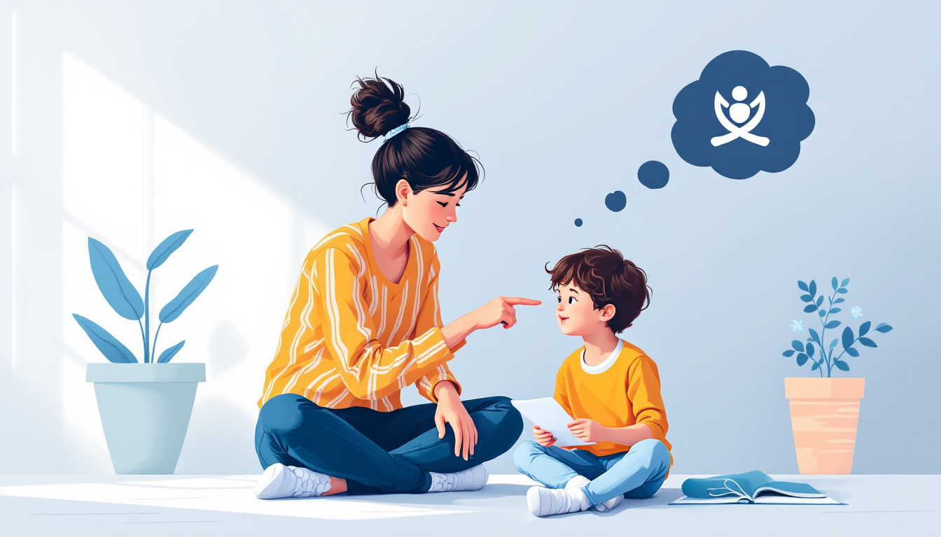 Illustration of a mother and son engaging in a learning activity, with the mother pointing a finger playfully at her son as they sit on the floor, surrounded by books and potted plants, indicating a nurturing educational environment.