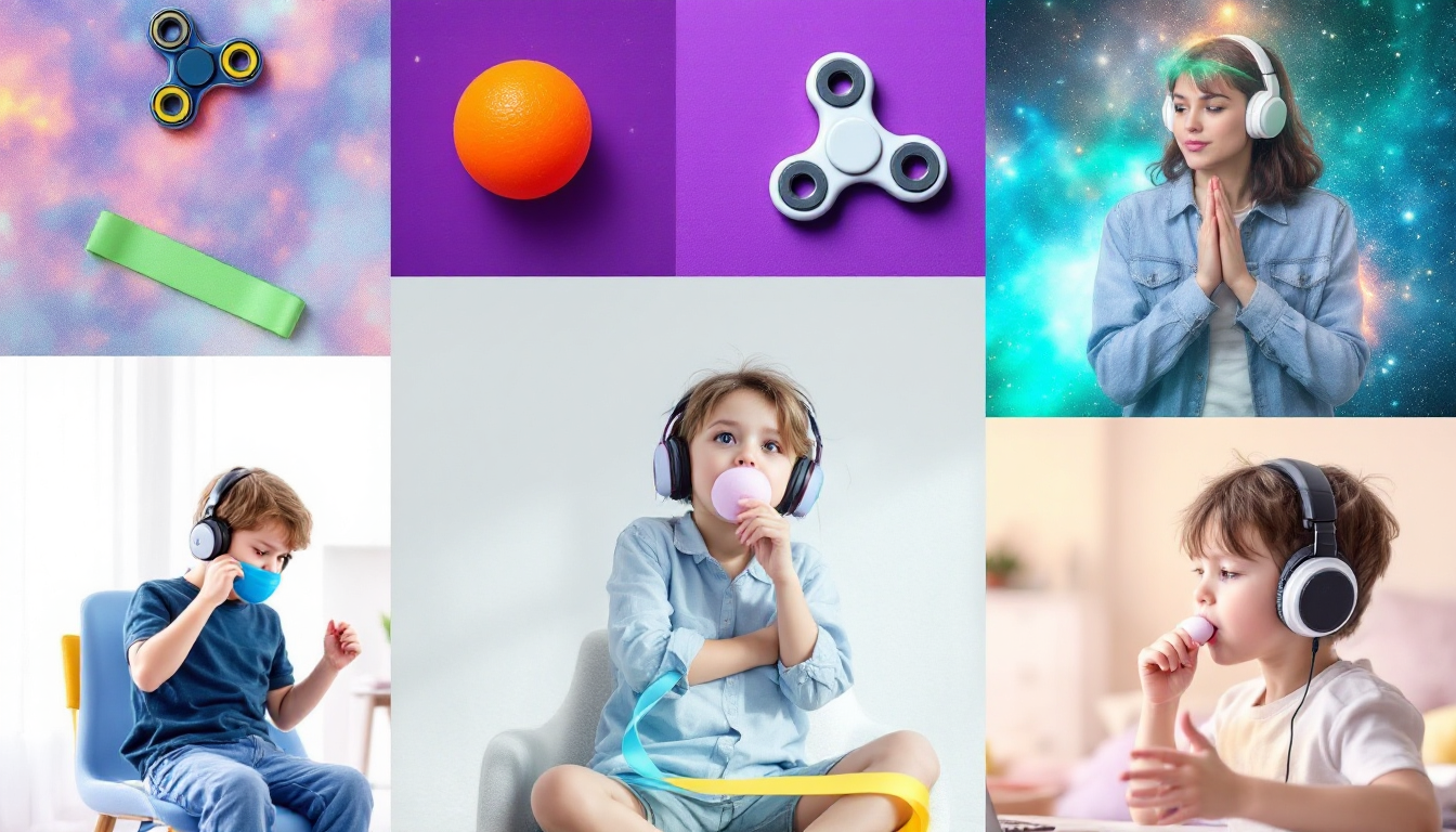  A collage featuring various sensory stimulation tools and children using them. The top row displays images of a blue fidget spinner, an orange on a purple background, and a white fidget spinner against a starry backdrop. The bottom row shows three children: one wearing headphones and holding a blue cup, another with headphones blowing a pink balloon, and a third child also with headphones licking a lollipop. The images collectively highlight sensory items and activities that might be used for focus and calming.