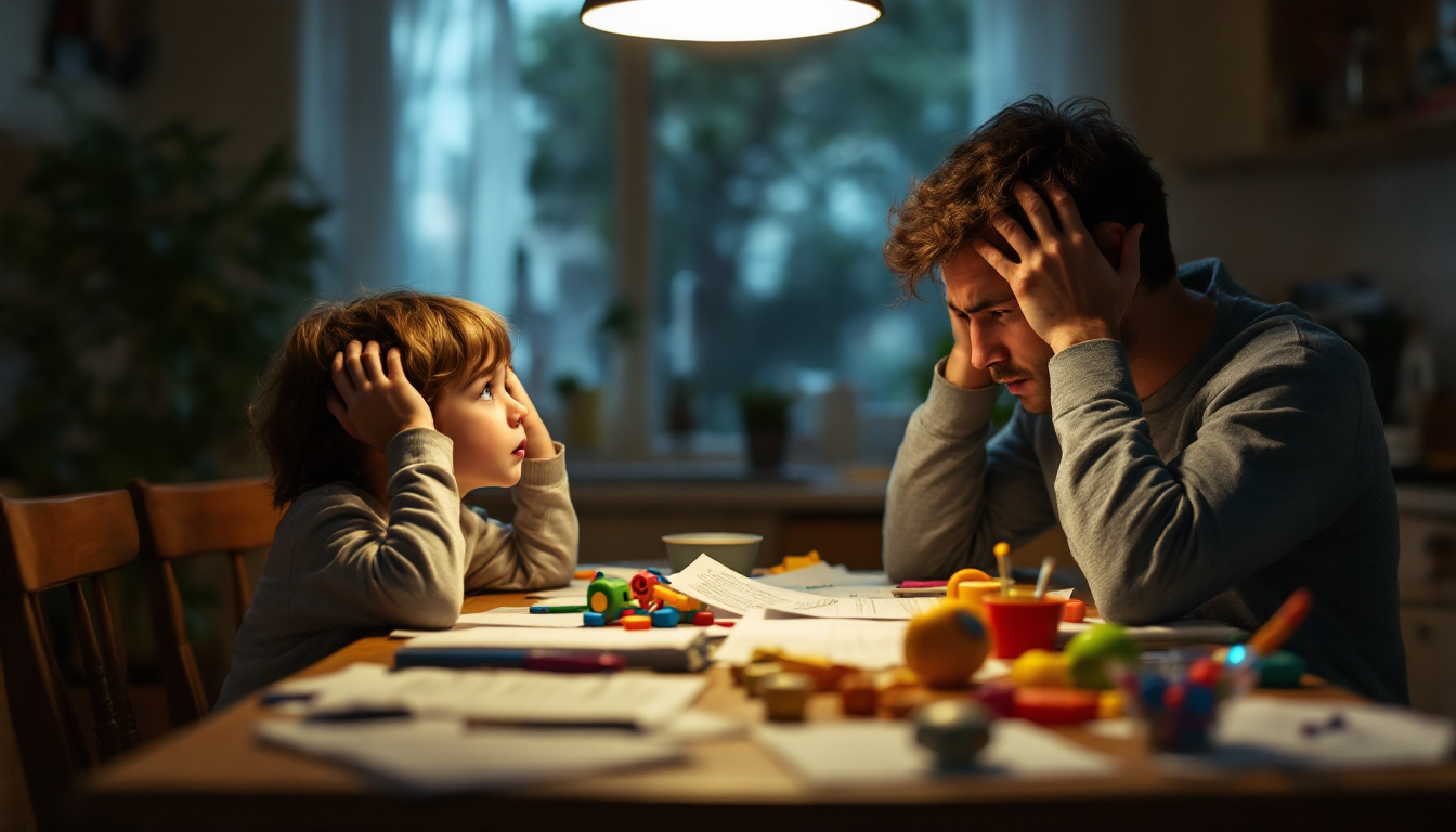 A young child and a frustrated man sit at a cluttered table with papers and toys, both holding their heads in a similar pose, indicating stress or concentration issues, in a dimly lit room.
