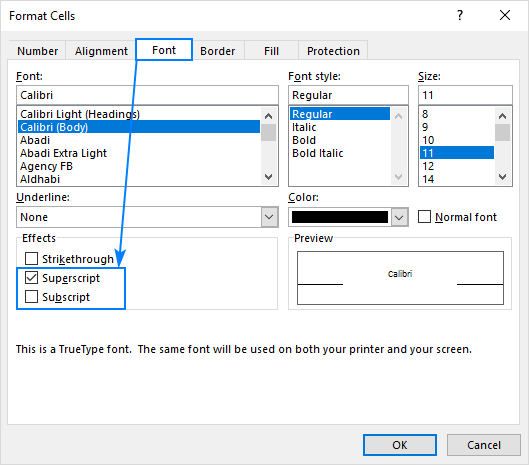 Superskript in Excel